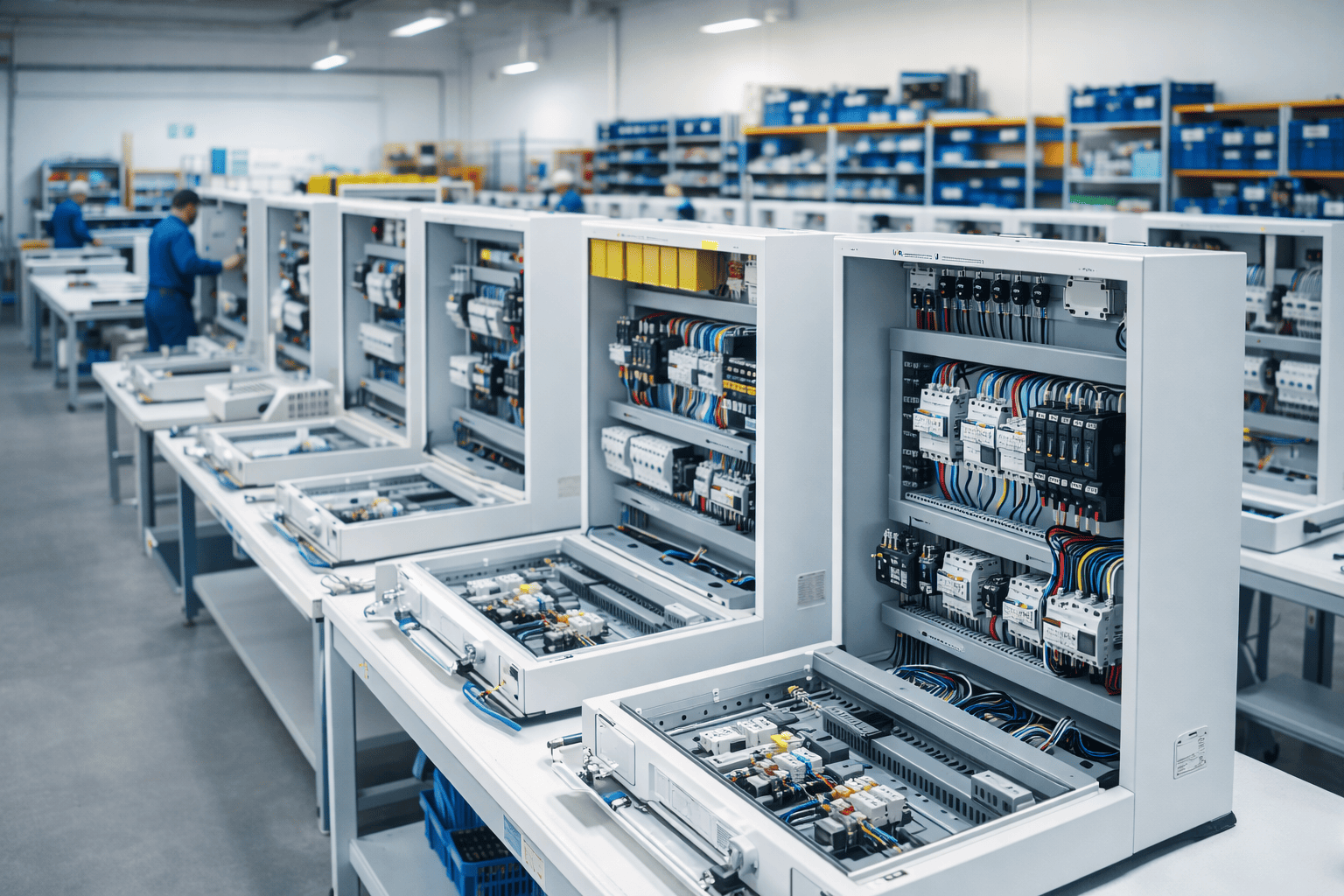 Técnico realizando montagem e inspeção em painel elétrico