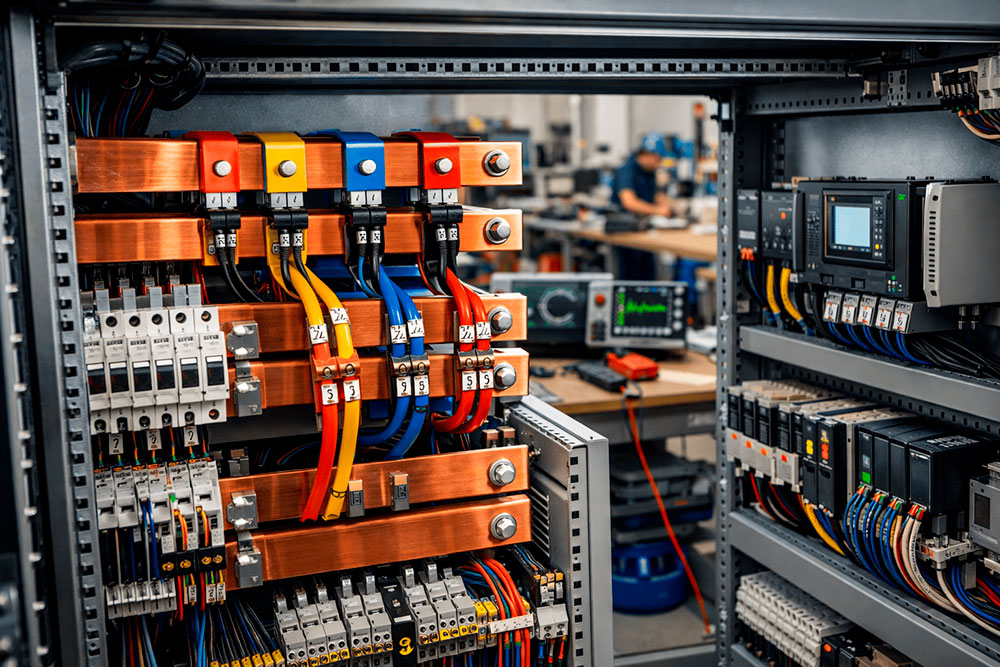 Interior de painel elétrico UniForça com barramentos de cobre, identificação por anilhas e organização de fiação em ambiente industrial